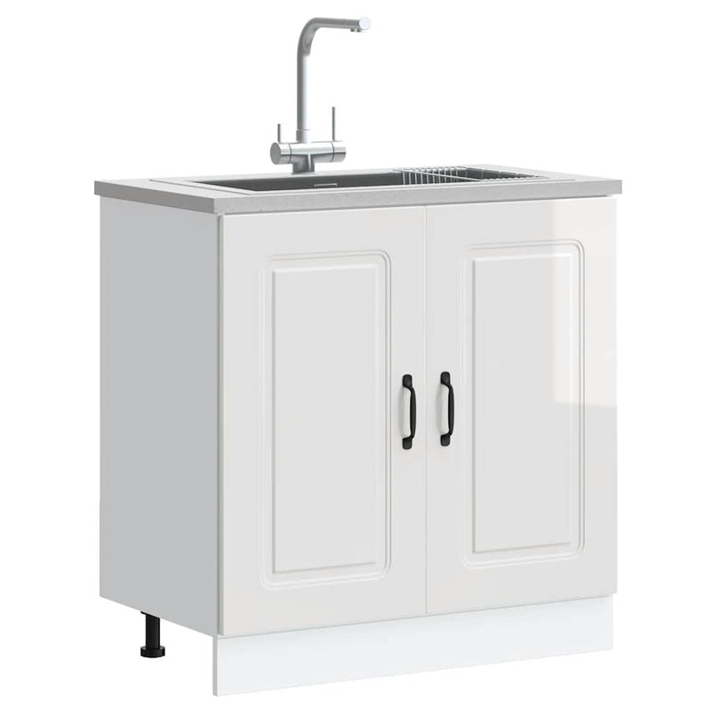 Sink Base Cabinet Kalmar High Gloss White 80x46x81.5 cm Engineered Wood