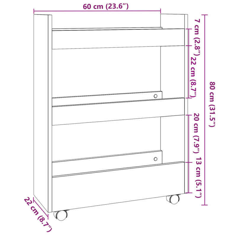 Narrow Storage Trolley 3 Tier Brown Oak Engineered Wood