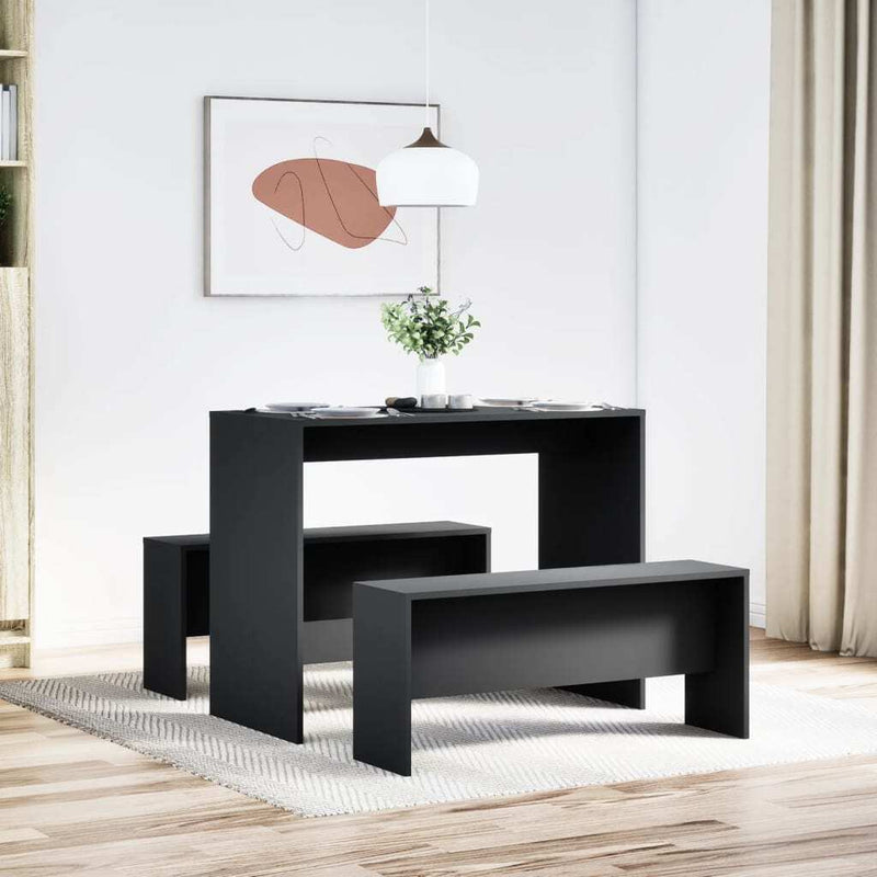 3 Piece Dining Table and Bench set Black Engineered Wood