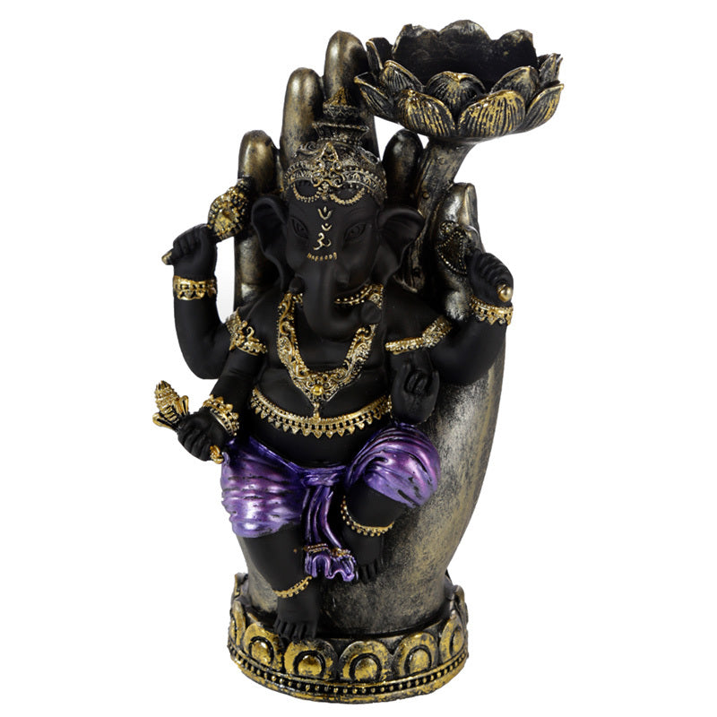 Tea Light Candle Holder - Purple, Gold  and  Black Ganesh in Hand Lotus