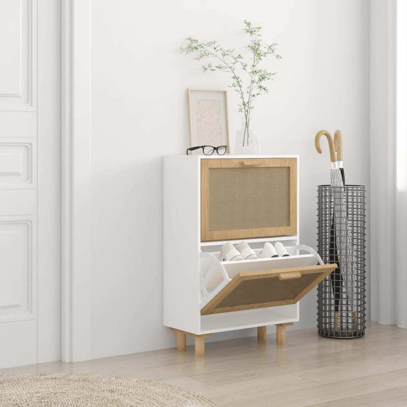 Shoe Cabinet White 52x25x80 cm Engineered Wood&Natural Rattan