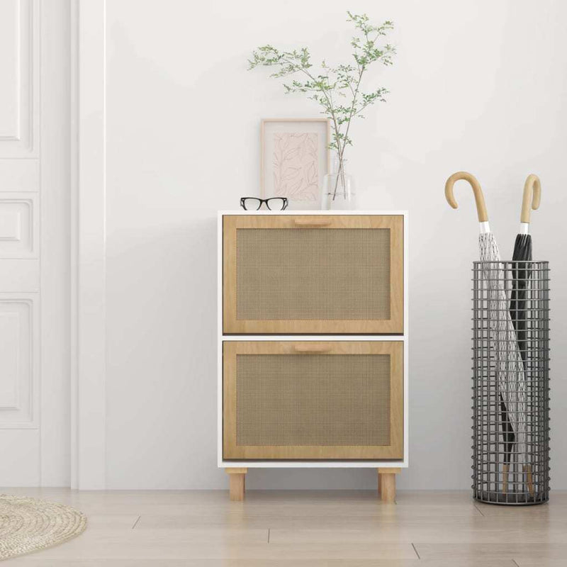 Shoe Cabinet White 52x25x80 cm Engineered Wood&Natural Rattan