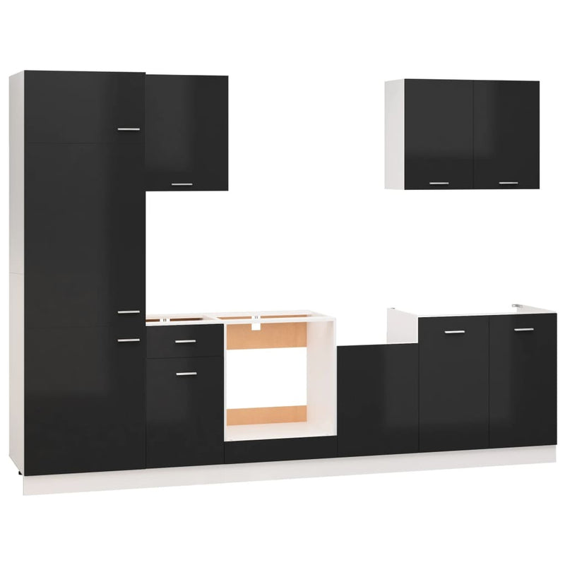 7 Piece Kitchen Cabinet Set High Gloss Black Engineered Wood