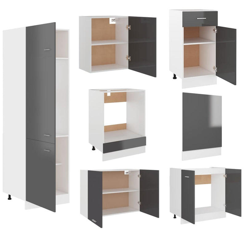 7 Piece Kitchen Cabinet Set High Gloss Grey Engineered Wood