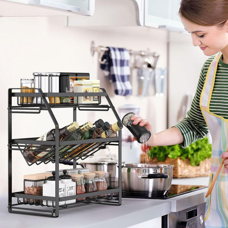 Spice Rack Organizer, 3-Tier Seasoning Organizer, Kitchen Spice Shelf,Countertop Organizer for Bathroom Vanity Kitchen-Black