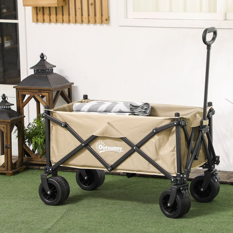 Outsunny Foldable Garden Cart, Outdoor Utility Wagon with Carry Bag, Khaki