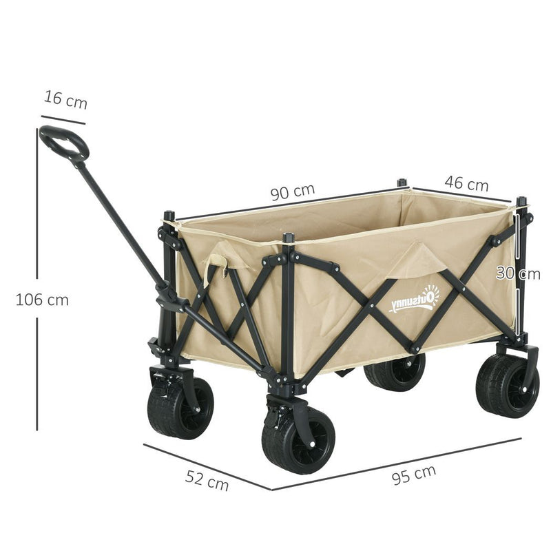 Outsunny Foldable Garden Cart, Outdoor Utility Wagon with Carry Bag, Khaki