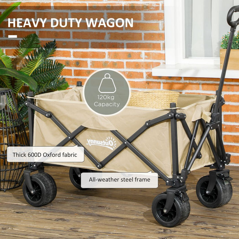 Outsunny Foldable Garden Cart, Outdoor Utility Wagon with Carry Bag, Khaki