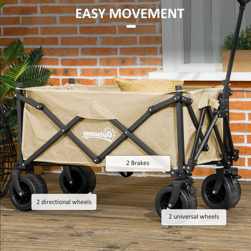 Outsunny Foldable Garden Cart, Outdoor Utility Wagon with Carry Bag, Khaki