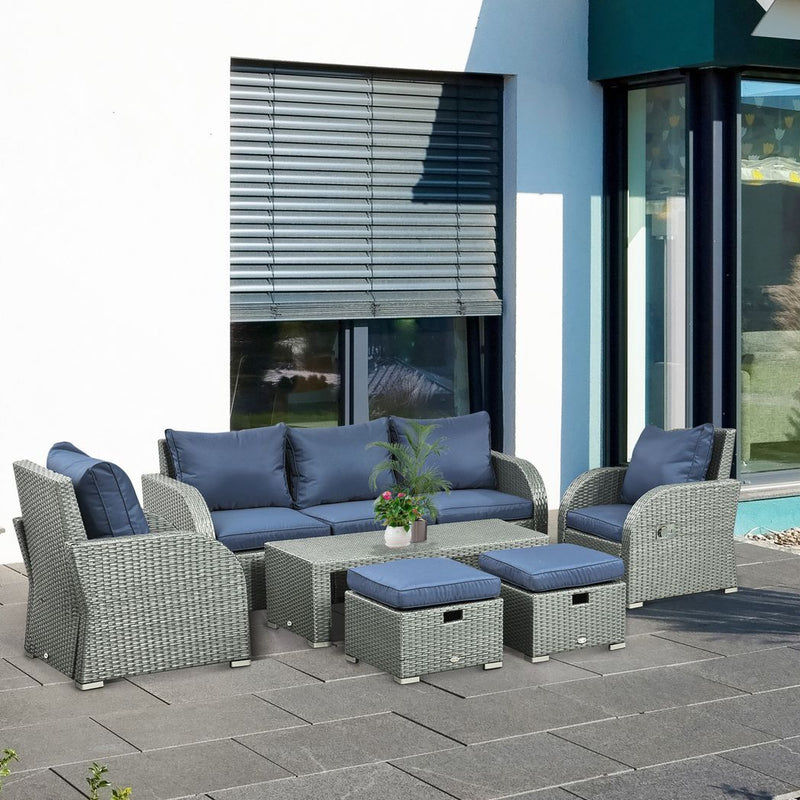 Outsunny 6pc Padded Outdoor Rattan Wicker 3-Seat Sofa Recliner Footstool Table