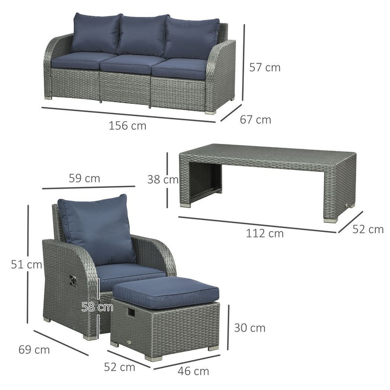 Outsunny 6pc Padded Outdoor Rattan Wicker 3-Seat Sofa Recliner Footstool Table