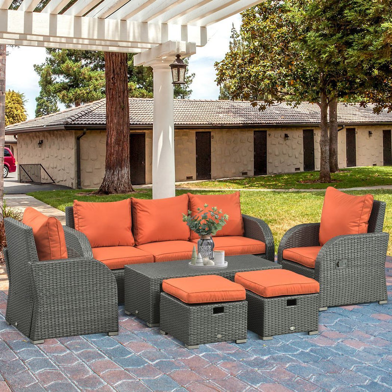 Outsunny 6pc Padded Outdoor Rattan Wicker 3-Seat Sofa Recliner Footstool Table