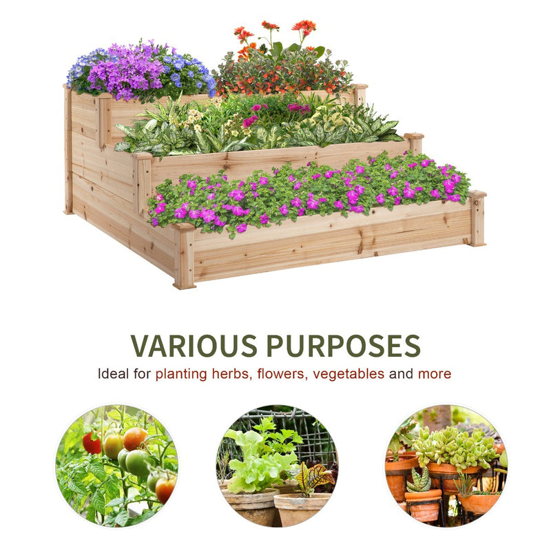 Wooden Raised Bed 3-Tier Planter Kit Elevated Plant Box 124x124x56cm