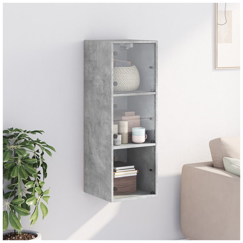 Wall Cabinet with Glass Doors Concrete Grey 35x37x100 cm