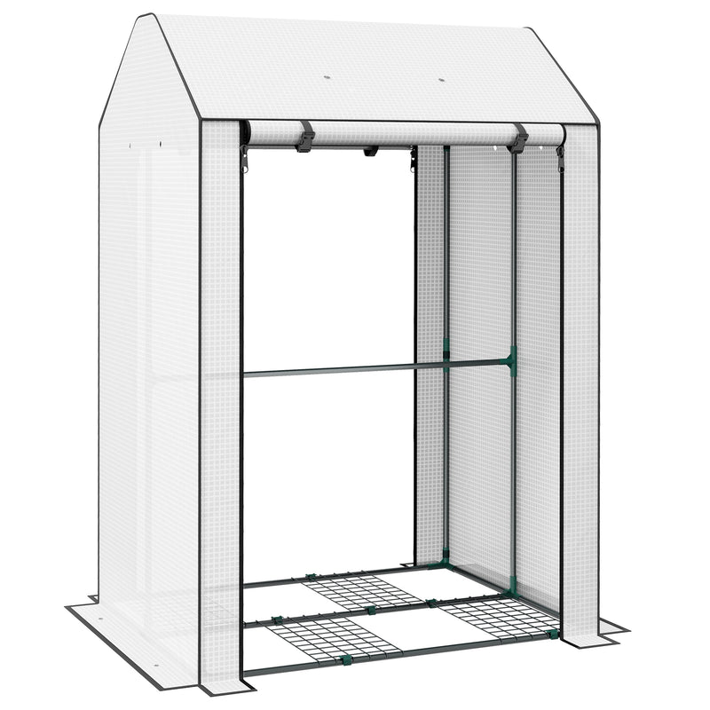 Outsunny Mini Greenhouse with Shelves and Roll Up Door, 100x80x150cm, White