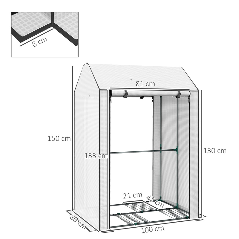 Outsunny Mini Greenhouse with Shelves and Roll Up Door, 100x80x150cm, White