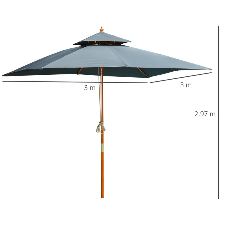 3m Wood Square Patio Umbrella Garden Market Parasol Sunshade Grey